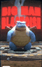 a blue and yellow turtle is standing in front of a sign that says " big man blaspheme "