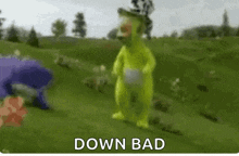 a blurred image of two teletubbies standing in a field with the words `` down bad '' written below them .