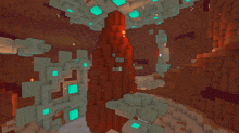 a computer generated image of a cave with a red pillar
