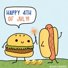 a cartoon of a hot dog and a hamburger saying happy 4th of july .