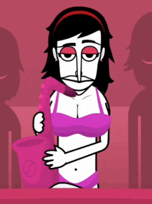 a cartoon of a woman holding a pink saxophone with the letter s on it