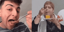 a man and a woman are eating food with a spoon .