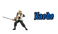 a pixel art of a man holding a sword with the word kaede below him