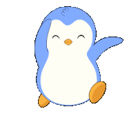 a blue and white penguin with orange feet is waving its hand