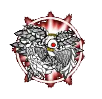 a drawing of an angel with a red eye