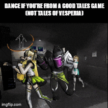 a group of people are dancing in a video game called not tales of vesperia