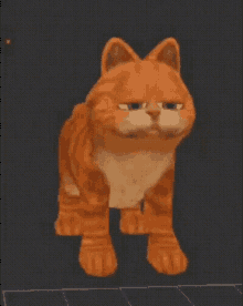 garfield the cat is standing on a black surface and looking at the camera with a serious look on his face .