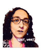 a woman with curly hair and glasses has the words wait what written on her face