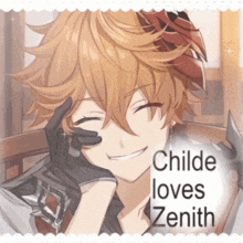 a picture of a boy with the words childe loves zenith