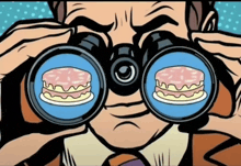 a cartoon of a man looking through binoculars with cakes in the lenses