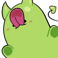 a cartoon drawing of a green monster with horns and a pink tongue sticking out