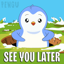 a penguin is coming out of a hole with the words see you later below it