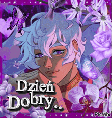 a man with purple hair is surrounded by purple flowers and butterflies ..