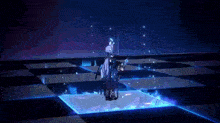 a person is standing on a checkered floor with a sword in their hand