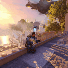 a video game character standing on a balcony with a city in the background