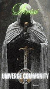a poster for the universe community llc shows a knight with a sword