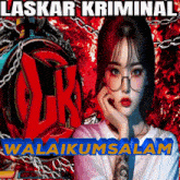 a woman wearing glasses is standing in front of a poster that says laskar kriminal
