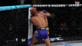 two men are fighting in a cage with jeremy 's razors on the fence
