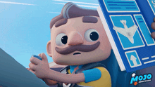 a cartoon character is holding a book that says mojo swortops