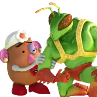 a mrs potato head is hugging a green monster with a flower on her head