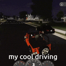 a jeep is driving down a street at night with the words " my cool driving " on the bottom