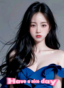 a woman in a blue dress with the words " have a nice day " on the bottom