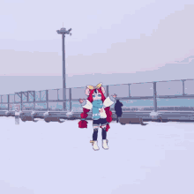 a cartoon drawing of a girl wearing a scarf and a sweater that says ' g ' on it