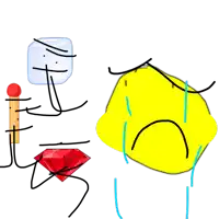 a drawing of a lemon crying next to an ice cube