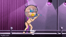 a cartoon character with horns and a pacifier is dancing on stage .
