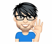a cartoon man wearing glasses and a blue shirt waves his hand