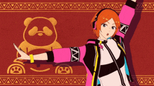 a girl wearing headphones is standing in front of a bear