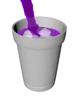 purple liquid is being poured into a styrofoam cup with ice cubes