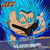 a cartoon drawing of a person with blue hair and sunglasses says new ultra ssjgss vegeito