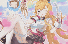a girl with long blonde hair is holding a knife in her hand