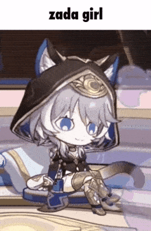 a girl in a cat costume is sitting on a bed with the words `` zada girl '' written above her .