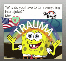 a cartoon of spongebob says " why do you have to turn everything into a joke? "