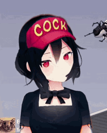 a girl wearing a red hat with the word cock on it