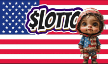 a doll standing in front of an american flag with the word lotto written above it