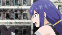 a girl with purple hair has the letter n on her head