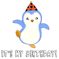 a penguin wearing a party hat with the words " it 's my birthday " below it