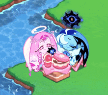 a couple of cartoon characters sitting next to each other on a cake