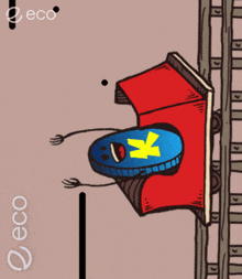 a cartoon drawing of a red car with a blue coin with a yellow star on it and the word eco on the bottom