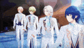 a group of anime characters are standing next to each other in white tuxedos