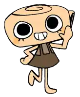 a cartoon character with big eyes and a swirl on his head