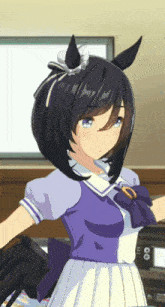a girl with black hair and blue eyes is wearing a purple shirt