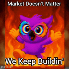 a purple owl is standing in front of flames with the words market doesn 't matter we keep buildin '