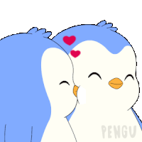 a cartoon of two penguins kissing with hearts above them and the word pengu on the bottom