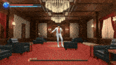 a man in a white suit and red tie is dancing in a room with kaiji shinoda written on the bottom right