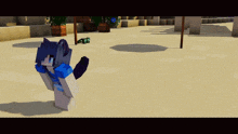 a girl with blue hair is standing in a sandy area in a video game