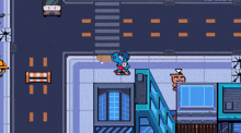 a pixel art drawing of a man riding a skateboard down a street